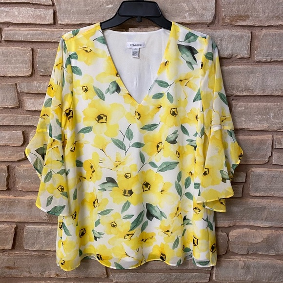 Calvin Klein🌼Floral Print V-Neck Chiffon 3/4 Ruffle
Sleeve Top Size S/CH/P - Picture 2 of 11